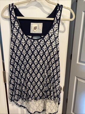 Anthropologie Navy and White Printed Scoop-Neck Tank
